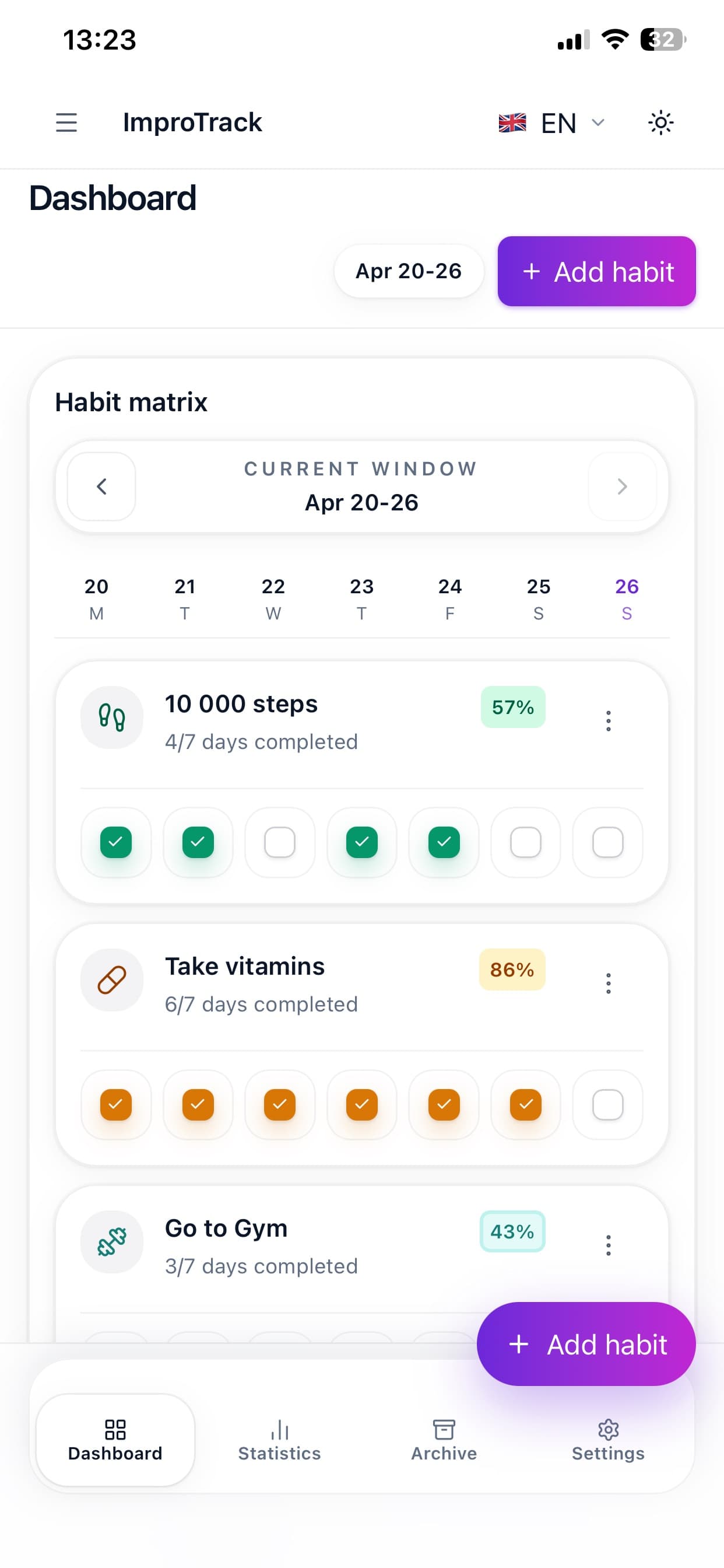 ImproTrack iPhone screen showing habits and daily check-ins